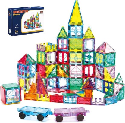 Picture of Ryoichi 138PCS Magnetic Tiles Set with 2 Cars, STEM Educational Construction Building Blocks & Montessori Learning Toys for Kids Ages 3-9+ Years Global Recycled Standard