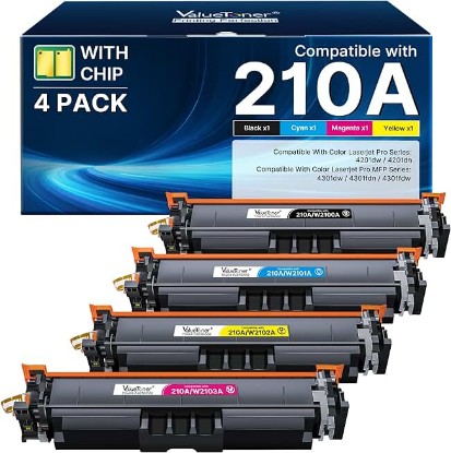 Picture of 210A Toner Cartridges 4 Pack (with Chip) - Replacement for HP 210A 210X Toner Cartridges for HP Color LaserJet Pro MFP 4301fdw Toner, MFP Pro 4301fdn 4201dw 4201dn 4301 4201 Series Printer W2100A