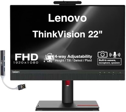 Picture of Lenovo ThinkVision 22" FHD IPS Conferencing Monitor with 4ms Response Time, Anti-Glare, VESA Mount (100 x 100mm), Adjustable Height, Tilt, Swivel, Pivot, HDMI & Dockztorm USB Port Expander