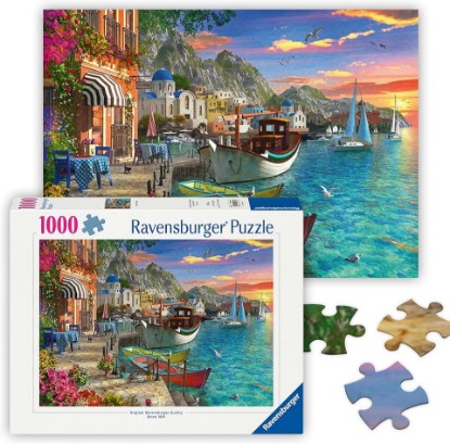 Picture of Ravensburger Grandiose Greece - 1000 Piece Jigsaw Puzzle - Stunning, Exciting Coastal Sunrise Over Town - Bold Colors - Enticing Scene - Ideal Gift - Frameable Art - Puzzles for Adults The Forest Stewardship Council