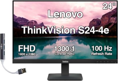 Picture of Lenovo ThinkVision S24-4e 24" FHD IPS Monitor with 4ms Response Time, 100 Hz Refresh Rate, Anti-Glare, Flicker Free, VESA Mount (100mm), HDMI & Dockztorm USB Port Expander, Black (64B5KAT1UZ) Global Recycled Standard