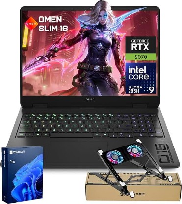 Picture of HP OMEN 16 Slim RTX 5070 Gaming Laptop, Intel Ultra 9 285H, NVIDIA RTX 5070, HyperX Audio, 16" FHD+ Anti-Glare, 32GB DDR5, 1TB SSD, 4-Zone RGB Backlit KB, Windows 11 Pro, Bundle Laptop Cooler