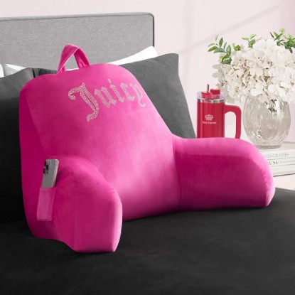 Picture of Juicy Couture Juicy Couture Velour Backrest Pillow with Rhinestone Juicy Logo - 30"x17", Hot Pink Supportive Bed Rest Pillow for Reading, Gaming, or Relaxing