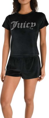 Picture of Juicy Couture Women's 2 Piece Velvet Fleece Short Sleeve Shirt and Pajama Shorts Lounge Sleepwear Set