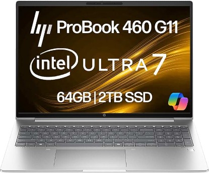 Picture of HP ProBook 460 G11 Business Laptop 16” FHD+ Display, Intel Core Ultra 7 155U (Beats i7-1355U), 64GB DDR5 RAM, 2TB NVMe, Wi-Fi 6E, RJ-45, Webcam, Backlit Keyboard, Win 11 Pro - Pike Silver Plastic