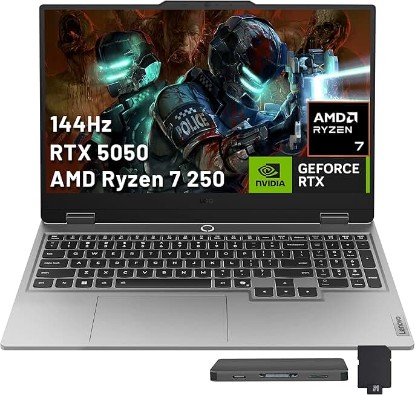 Picture of Lenovo LOQ 15.6" FHD 144Hz Gaming Laptop, AMD Ryzen 7 250, GeForce RTX 5050 8GB GDDR7, 16GB DDR5, 1.5TB Storage (512GB SSD+1TB Docking Station Set), Backlit Keyboard, Wi-Fi 6, Win 11 Pro, Gray