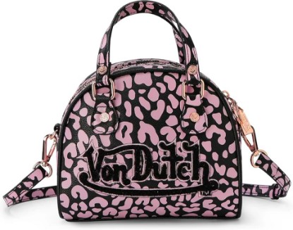 Picture of Von Dutch Mini Bowling Bag Cheetah Print | 6.8” Vegan Leather Crossbody with Logo Hardware, Top Handles & Zipper Pouch