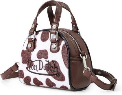 Picture of Von Dutch Mini Bowling Bag Cow Print | 6.8” Vegan Leather Crossbody with Logo Hardware, Top Handles & Zipper Pouch