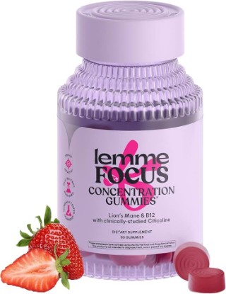 Picture of Lemme Focus Concentration & Brain Health Gummies with Cognizin Citicoline, Lion's Mane Mushroom, Vitamin B12 to Support Focus + Concentration - Gluten Free, Caffeine Free, Strawberry (50 Count)