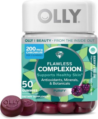 Picture of OLLY Flawless Complexion Gummy, Clear and Healthy Skin Support, Vitamins E, A, Zinc, Chewable Supplement, Berry - 50 Count (Pack of 1)