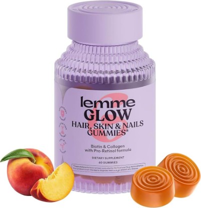 Picture of Lemme Glow Collagen Gummies for Thick Hair, Strong Nails & Healthy Skin with Multi-Collagen Peptides, Biotin, Trace Minerals, Zinc, Vitamins A, C & E, Dairy & Gluten Free, Peach Flavor, 60 ct.