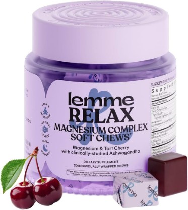 Picture of Lemme Relax Soft Chews with Magnesium Glycinate & Citrate, KSM-66 Ashwagandha + L-Theanine to Support Stress Relief, Cortisol Levels, Mood & Healthy Sleep Cycles, BlackBerry Lemonade (30 Chews)