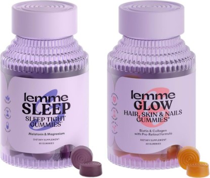 Picture of Lemme Sleep & Glow Bundle - Sleep Gummies, a Drug-Free Nighttime Aid & Glow Biotin & Collagen Hair Gummies for Strong, Thick Hair & Reduced Shedding - Gluten/Gelatin Free, Non-GMO - 60 Ct. Each