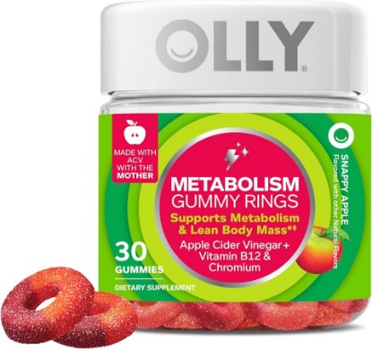 Picture of OLLY Metabolism Gummy Rings, Apple Cider Vinegar, Vitamin B12, Chromium, Energy and Digestive Health, Chewable Supplement, Apple Flavor - 30 Count