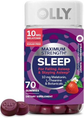 Picture of OLLY Max Strength Sleep Gummy, 10mg Melatonin, L-Theanine, Chamomile, Lemon Balm, Sugar Free, Vegetarian Sleep Aid, Strawberry - 70 Count