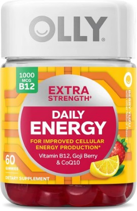 Picture of OLLY Extra Strength Daily Energy Gummy, Caffeine Free Cellular Energy Production,* 1000 mcg Vitamin B12, CoQ10, Goji Berry, Adult Chewable Supplement, Berry Yuzu Flavored, 30 Day Supply - 60 Count