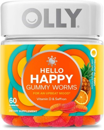 Picture of OLLY Hello Happy Gummy Worms, Mood Support Gummies For Adults,* Saffron Extract, Vitamin D, Tropical Zing Flavored, 30 Day Supply - 60 Count