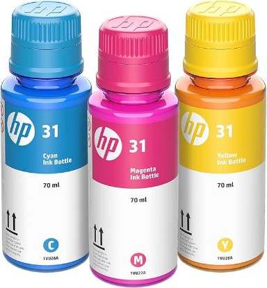 Picture of HP 31 Cyan, Magenta, Yellow Ink Bottles (3-Pack) | Works with Smart Tank 5000, 6000, 7000 and Smart Tank Plus 500, 600 Series | 9C228AN ECOLOGO