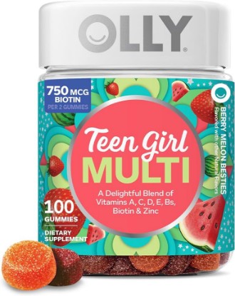 Picture of OLLY Teen Girl Multi Gummy, Healthy Skin and Immune Support,* Essential Vitamins, Biotin, Zinc, Chewable Multivitamin, Strawberry Melon Flavored, 50 Day Supply - 100 Count