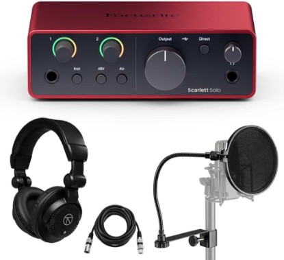 Picture of Focusrite Scarlett Solo 4th Gen USB Audio Interface & Software, Bundle with Closed-Back Studio Monitor Headphones 6' XLR Microphone Cable and Pop Filter, For PC & MAC Recording and Podcast (4 Items)
