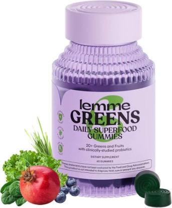 Picture of Lemme Greens Superfood Gummies w/Multi - Support Gut Health & Reduce Bloating, 20+ Organic Greens and Superfruits, Clinically Studied Probiotics, D3, B12 - Berries & Greens Flavored (60 Count)