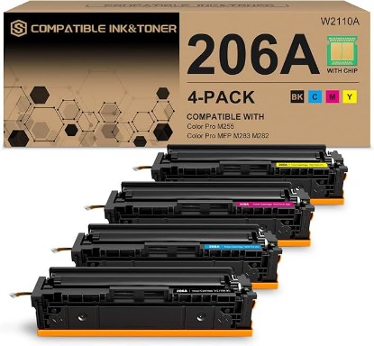 Picture of 206A Toner Cartridges 4 Pack (with Chip) Works with HP Color Pro MFP M283fdw M283cdw, Pro M255dw M255nw, MFP M282nw M283 M282 M255 Printer | W2110A W2111A W2112A W2113A 206X W2110X