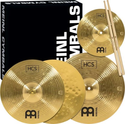 Picture of HCS Cymbal Set Box Pack for Drums with 13" Hihats, 14" Crash, Plus Free 10" Splash, Sticks, Lessons — MADE IN GERMANY — Durable Brass, 2-YEAR WARRANTY