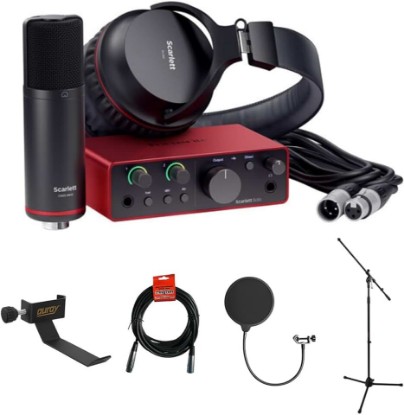 Picture of Focusrite Scarlett Solo Studio USB-C Audio Interface with Microphone and Headphones (4th Generation) Bundle with Clamp On Headphone Holder, Tripod Mic Stand + Boom, Kellopy Pop Filter & XLR Cable