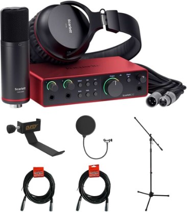 Picture of Focusrite Scarlett 2i2 Studio USB-C Audio Interface (4th Generation) with Condenser Microphone and Headphones Bundle with Tripod Mic Stand + Boom, Headphone Holder, Pop Filter & 2x XLR Cable