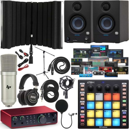 Picture of Focusrite Scarlett 2i2 4th Gen USB-C Audio Interface Full Studio Bundle with Eris 3.5 Monitors ATOM Pad Controller Condenser Microphone Headphones Isolation Shield Boom Stand Pop Filter and Cables
