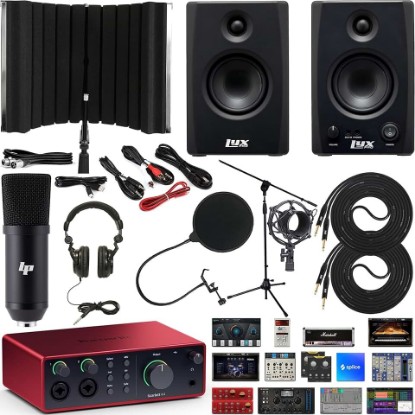Picture of Focusrite Scarlett 4i4 4x4 USB Audio Interface Full Studio Bundle with Download for Creative Music Production Softwar with LyxPro 3.5BT 50W Bluetooth Studio Monitors & Isolation Recording Shield