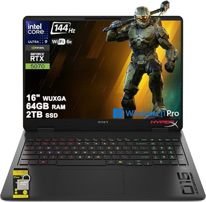 Picture of HP Omen 16 Slim Gaming AI Laptop 16" WUXGA IPS 144Hz Intel 16-core Ultra 9 285H 64GB RAM 2TB SSD GeForce RTX 5070 GDDR7 (Up to 988 Tops) 4-Zone RGB Backlit Wi-Fi6E HyperX Win11Pro ICP Hub