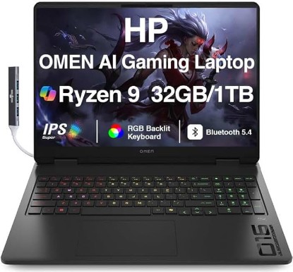 Picture of HP OMEN AI Gaming Laptop 16.0" 2K 144Hz IPS Display (AMD Ryzen 9 8940HX, GeForce RTX 5060 8GB, 32GB DDR5, 1TB PCIe SSD, 3-Zone RGB KB, Bluetooth 5.4, WiFi 6E, Webcam, Win 11 Pro) w/DKZ USB HUB Global Recycled Standard