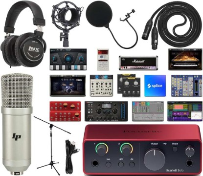 Picture of Focusrite Scarlett Solo 4th Gen 2-in/2-out USB-C Audio Interface Studio Bundle with Condenser Mic, HAS-10 Headphones, Shockmount, Stand, Pop Filter, XLR & USB Cables + Creative Production Software Kit