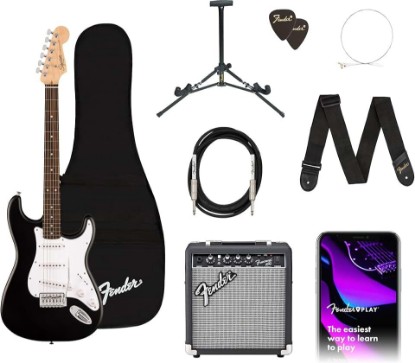 Picture of Fender Squier Debut Series Stratocaster Electric Guitar Kit, Beginner Guitar Kit, with 2-Year Warranty, with Padded Gig Bag, Frontman 10G Amp, Strap, and More, Includes Free Lessons, Black