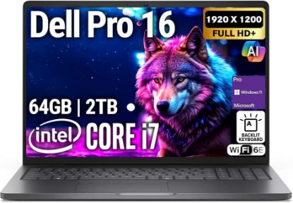 Picture of Dell Pro 16 (Replaces Latitude 3550) 16” WUXGA Display Business Laptop, Intel i7-150U, 64GB DDR5 RAM, 2TB SSD PCIe, WiFi 6E + BT, RJ-45, Backlit Keyboard, HD Webcam, Windows 11 Pro - Black