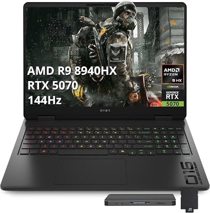 Picture of HP Omen 16" FHD 144Hz Gaming Laptop, AMD Ryzen 9 8940HX, NVIDIA GeForce RTX 5070, 16GB DDR5, 512GB PCIe SSD, Backlit Keyboard, Wi-Fi 6, FHD Camera, Windows 11, Black, 1TB Docking Station Set